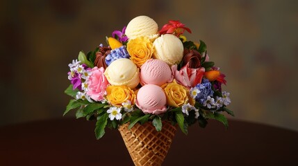 Waffle cone bouquet filled with mini ice cream scoops and edible flowers, romantic gourmet dessert presentation.