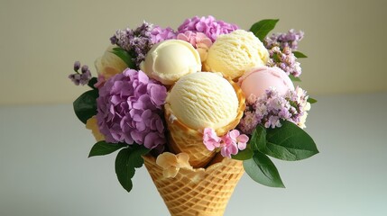 Waffle cone bouquet filled with mini ice cream scoops and edible flowers, romantic gourmet dessert presentation.