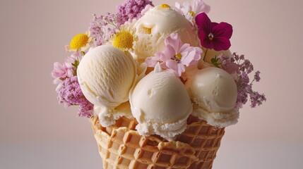 Waffle cone bouquet filled with mini ice cream scoops and edible flowers, romantic gourmet dessert presentation.