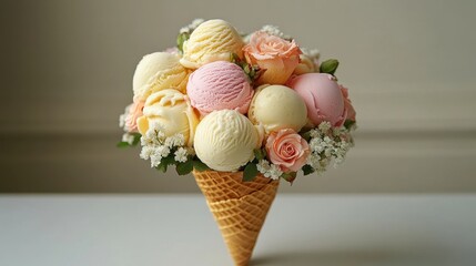Waffle cone bouquet filled with mini ice cream scoops and edible flowers, romantic gourmet dessert presentation.