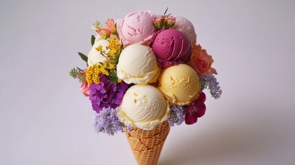 Waffle cone bouquet filled with mini ice cream scoops and edible flowers, romantic gourmet dessert presentation.