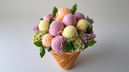 Waffle cone bouquet filled with mini ice cream scoops and edible flowers, romantic gourmet dessert presentation.