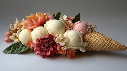 Waffle cone bouquet filled with mini ice cream scoops and edible flowers, romantic gourmet dessert presentation.