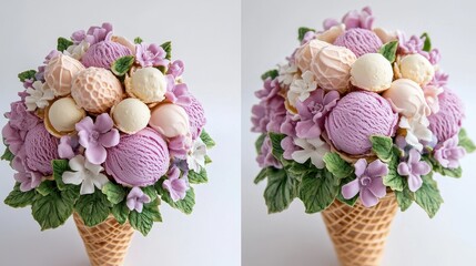 Waffle cone bouquet filled with mini ice cream scoops and edible flowers, romantic gourmet dessert presentation.