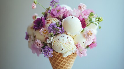 Waffle cone bouquet filled with mini ice cream scoops and edible flowers, romantic gourmet dessert presentation.