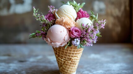 Waffle cone bouquet filled with mini ice cream scoops and edible flowers, romantic gourmet dessert presentation.