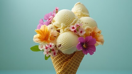 Waffle cone bouquet filled with mini ice cream scoops and edible flowers, romantic gourmet dessert presentation.