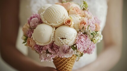 Waffle cone bouquet filled with mini ice cream scoops and edible flowers, romantic gourmet dessert presentation.