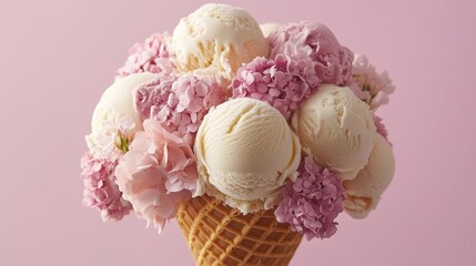 Waffle cone bouquet filled with mini ice cream scoops and edible flowers, romantic gourmet dessert presentation.