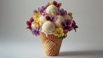Waffle cone bouquet filled with mini ice cream scoops and edible flowers, romantic gourmet dessert presentation.