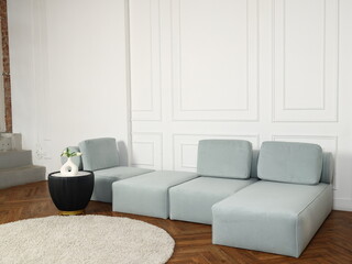 Discover the beauty of Modern Minimalist Living Room Furniture featuring a Soft Blue Sofa