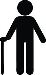 Simple black silhouette of an elderly person using a walking cane