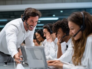 A smiling man assisting colleagues in a call center with headsets and laptops in a bright office space