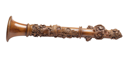 Antique woodwind instrument with decorative carvings Transparent background, PNG file