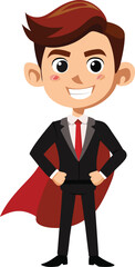 A cartoon illustration of a boy in a business suit and red cape