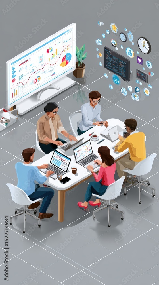 Poster team meeting with data analysis on screen and floating icons in a modern office setting view from ab