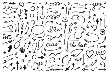 Hand Drawn Arrows And Lines Set, Direction Symbols, Doodle Sketch Icons, Vector Design Elements Collection

