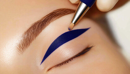 Close-up of an eye with a vibrant blue graphic eyeliner being finished with a makeup brush. Perfect for illustrating beauty trends, artistic makeup and eyeliner application techniques.
