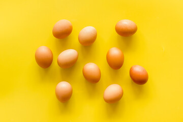 Background of chicken eggs, top view. Food pattern. Easter background