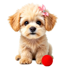 Dog and ball. Maltese dog. Cute puppy. Dog and red toy ball. Picture of dog sitting with bow on head. Small cream colored dog on transparent background. Cute pet picture.