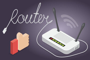 Network router. WiFi, internet service. 3d flat isometric vector illustration.