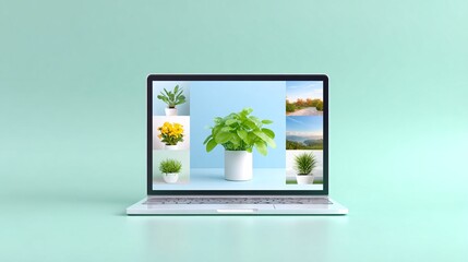 Fototapeta premium Pastel Themed Laptop Displaying a Video Conference Grid of Plants
