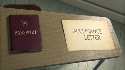 Passport and acceptance letter on desk academic setting document display study environment close-up higher education journey
