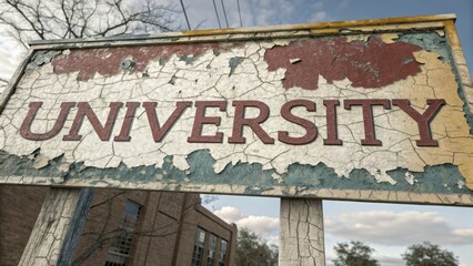 Obraz premium Historic university sign abandoned campus digital art urban decay wide angle nostalgia and education