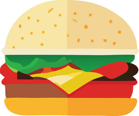 A deliciously illustrated cheeseburger with sesame seed bun lettuce tomato and melted cheese