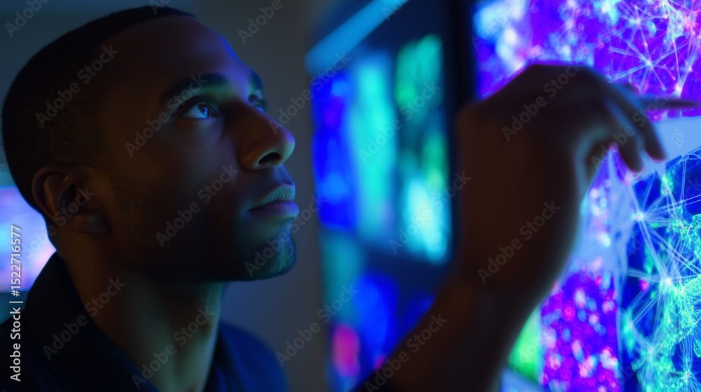 Poster expert in technology analyzes data visualization in a modern workspace during a late evening session