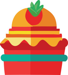 A colorful layered dessert in a red container with green topping