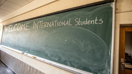 Welcoming international students ceremony classroom event announcement educational environment eye-level view diversity and inclusion
