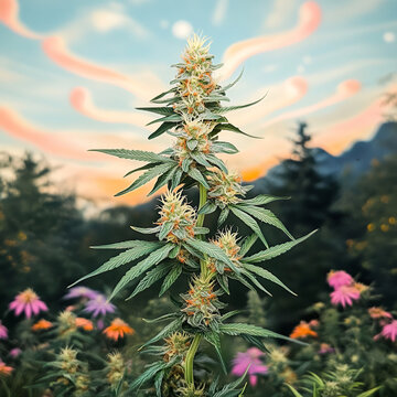 A lush flowering cannabis plant, with a colorful sky and mountains in the background, and psychedelic waves of pink and orange. Ideal for concepts of natural cultivation, wellness and the ethereal bea