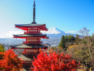Autumn view of Chureito Pagoda with Mount Fuji in the background, Japan