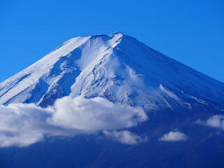 Snow-covered slopes of Mount Fuji on a clear sunny day