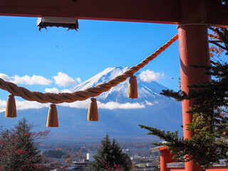 Snow-covered slopes of Mount Fuji on a clear sunny day