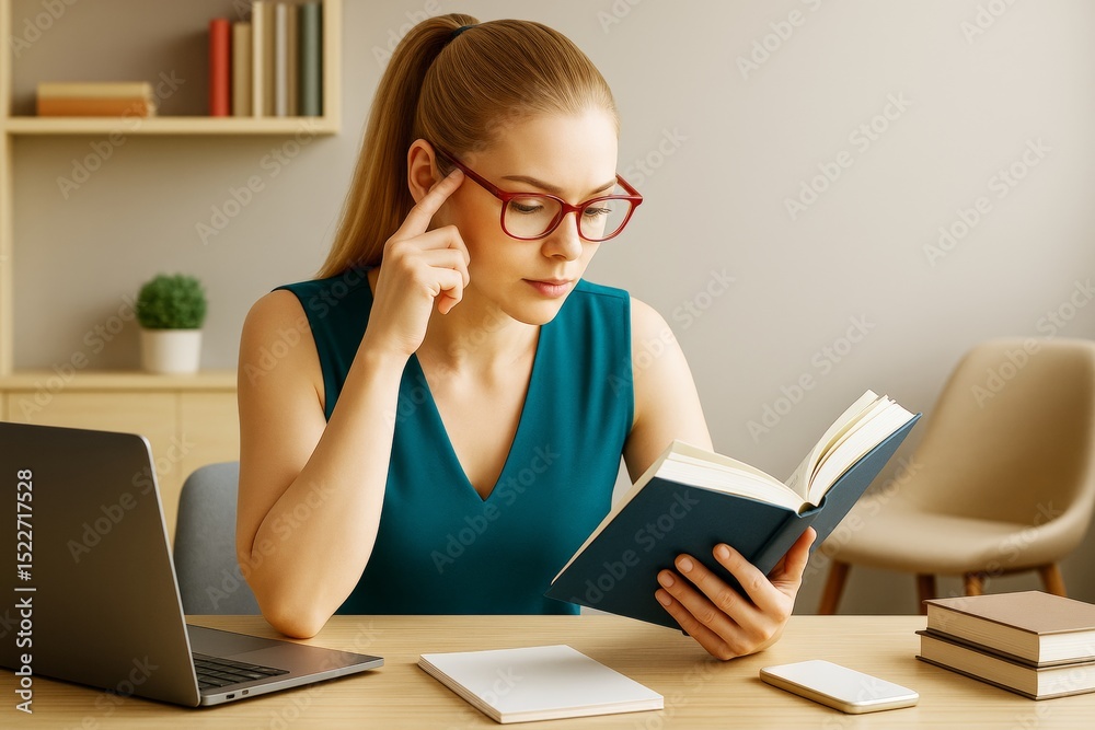 Poster woman reading a book while working at home with laptop and notepad on desk in cozy modern interior w