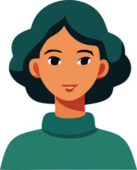 Illustration of a woman with short dark green hair wearing a teal turtleneck