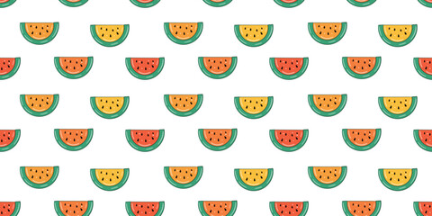 Yellow, red and orange doodle-style watermelons, seamless pattern, hand-drawn art. Suitable for fabrics, textiles, backgrounds, stationery, children’s and summer projects
