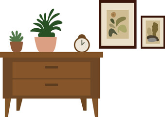 Brown nightstand with two drawers and decorative elements. Bedroom furniture or home decor element. Flat illustration for interior design concept.
