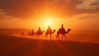 Desert Camel Caravans at Sunset