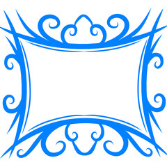 Stylized cyan frame with ornamental swirls against a dark contrasting backdrop