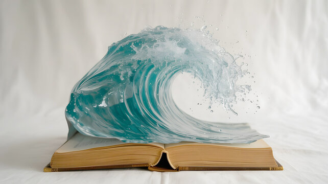 A dynamic wave of clear blue water splashes from an open book, creating a captivating visual of stories coming to life against a serene white backdrop - Powered by Adobe