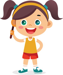 Joyful cartoon girl with pigtails holding a baton ready for a cheerleading routine