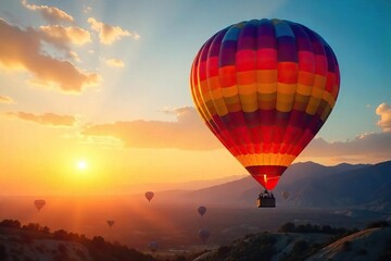 Obraz premium A vibrant hot air balloon ascends against a breathtaking sunrise, its colors radiating brilliance The scene evokes freedom, adventure, and the beauty of flight , golden hour, beautiful, daybreak
