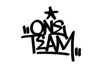 Graffiti tag “One Team” in bold black vector style. Represents unity and teamwork with energetic urban lettering, perfect for sports themes, street culture, and youth-inspired digital art.