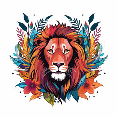 Vibrant Lion Wildlife Vector with Colorful Leafs Frame for Graphic Designs