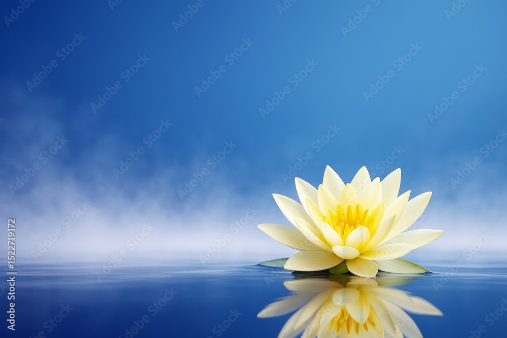 Aufkleber Yellow lotus flower floating on calm water with soft mist and blue gradient background, peaceful abstract scene with reflection and natural light.