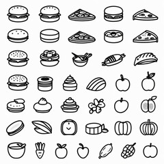 Collection of outlined food icons including burgers pizza desserts and fruits in a grid pattern layout created with generated ai