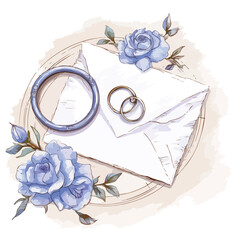 Elegant Love Letter Envelope with Wedding Ring on Blue Lines Background for Romantic Occasions
